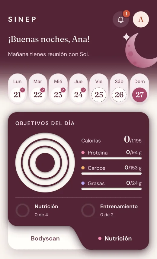 Inicio de la app: los objetivos del día con calorías, proteína, carbohidratos y grasas.